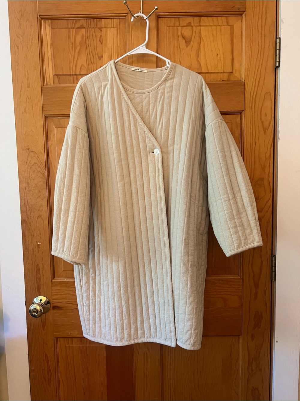 Black Crane Quilted Long Sleeve Robe Jacket in Light Beige